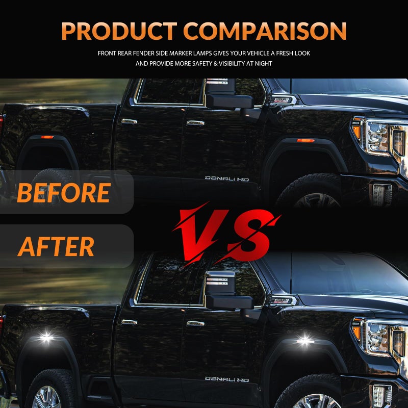 DERMOKA LED Side Marker Lights for GMC Sierra 2500HD 3500HD 2020-2025 Pickup Truck White Front Rear Fender Marker Lamps Smoked Len - Image 4