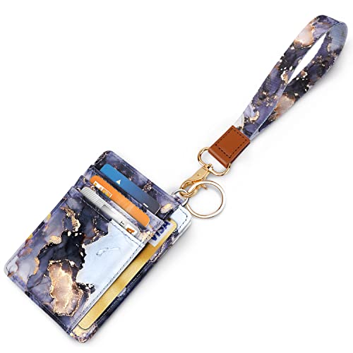 Coco Rossi Slim Front Pocket Wallet RFID ID Card Holder Cute Small Wallet with Wrist Lanyards Key Chain Holder for Women,Grey Marble - Image 1