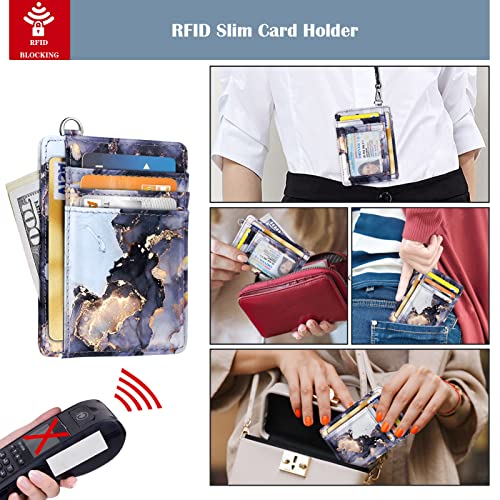 Coco Rossi Slim Front Pocket Wallet RFID ID Card Holder Cute Small Wallet with Wrist Lanyards Key Chain Holder for Women,Grey Marble - Image 4