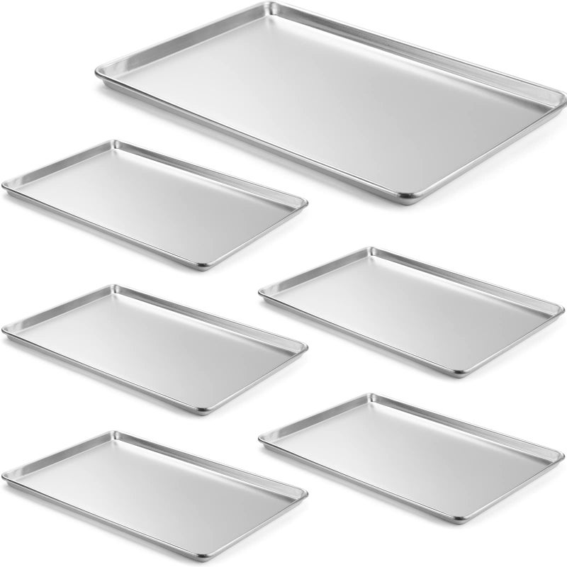 CURTA 6 Pack Aluminum Sheet Pan NSF Listed Full Size 26 x 18 inch Commercial Bakery Cake Bun Pan Baking Tray