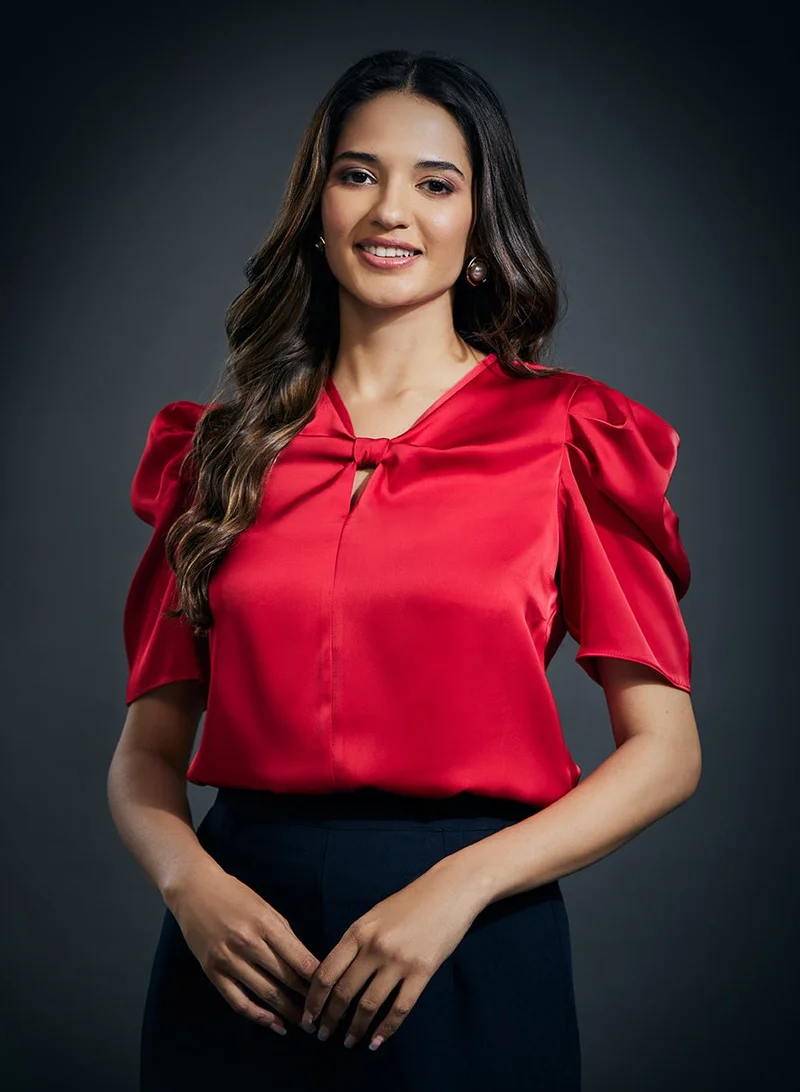 Zigzag Front Bow Attached Pink Satin Top-Red