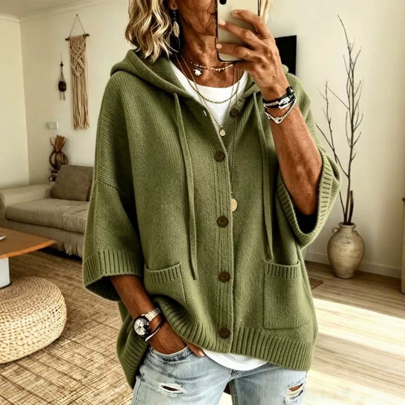 2026 European American Button Knit Hooded Cardigan Coat Autumn Winter Solid Color Casual Women - Image 3