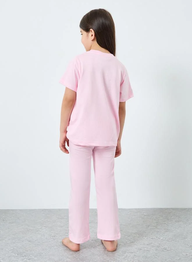 Styli Styli Girls Pink Cotton T-Shirt and Pyjama Set