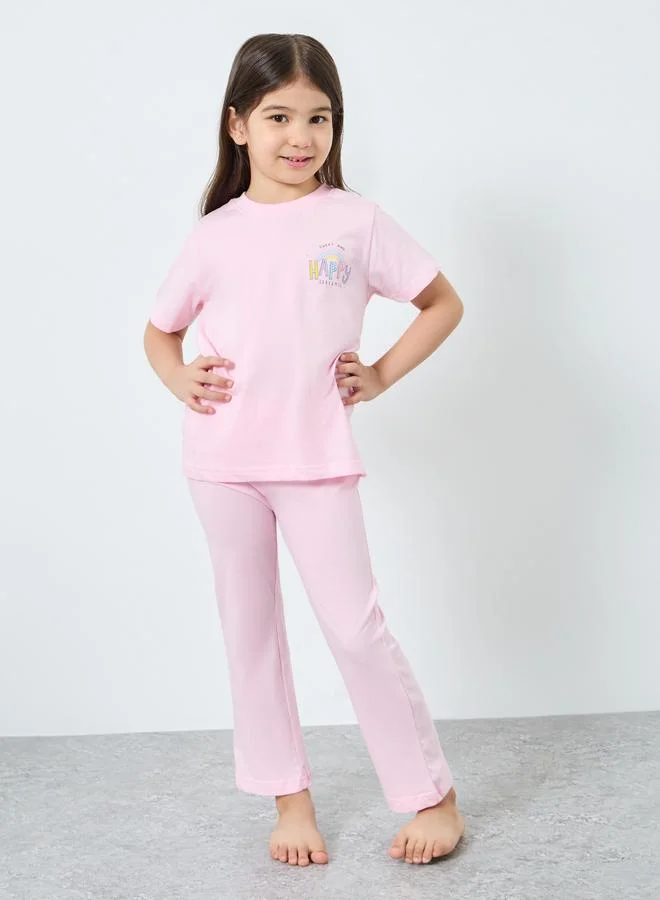 Styli Styli Girls Pink Cotton T-Shirt and Pyjama Set