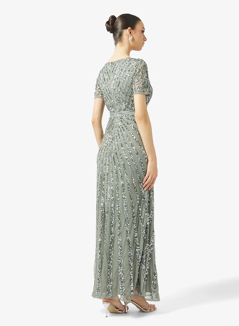 Maya Stripe Embellished Short Sleeve Maxi Dress