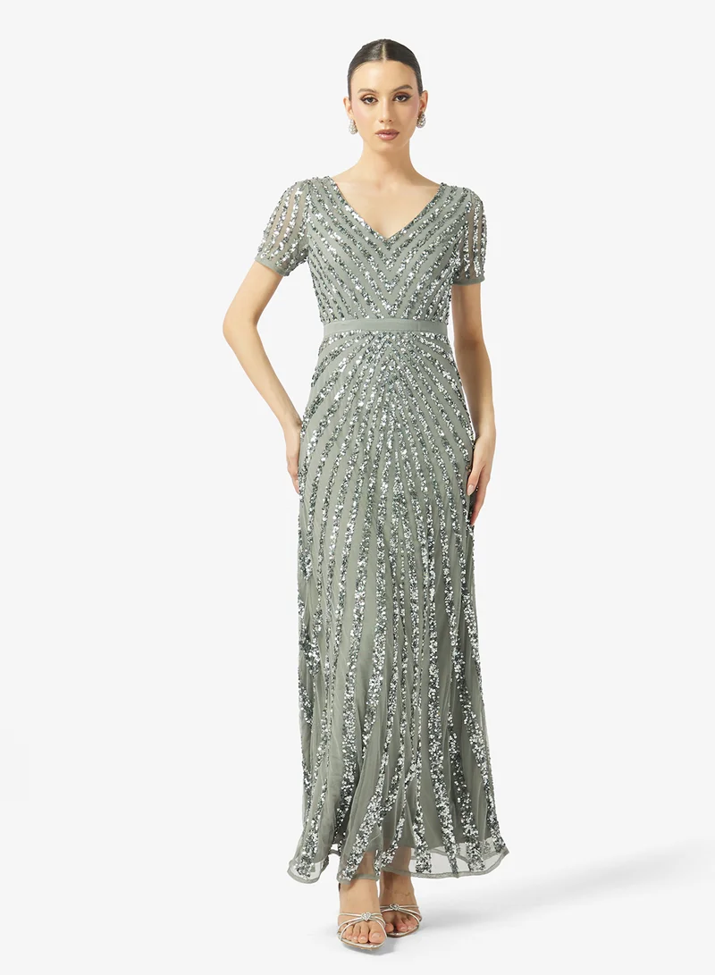 Maya Stripe Embellished Short Sleeve Maxi Dress