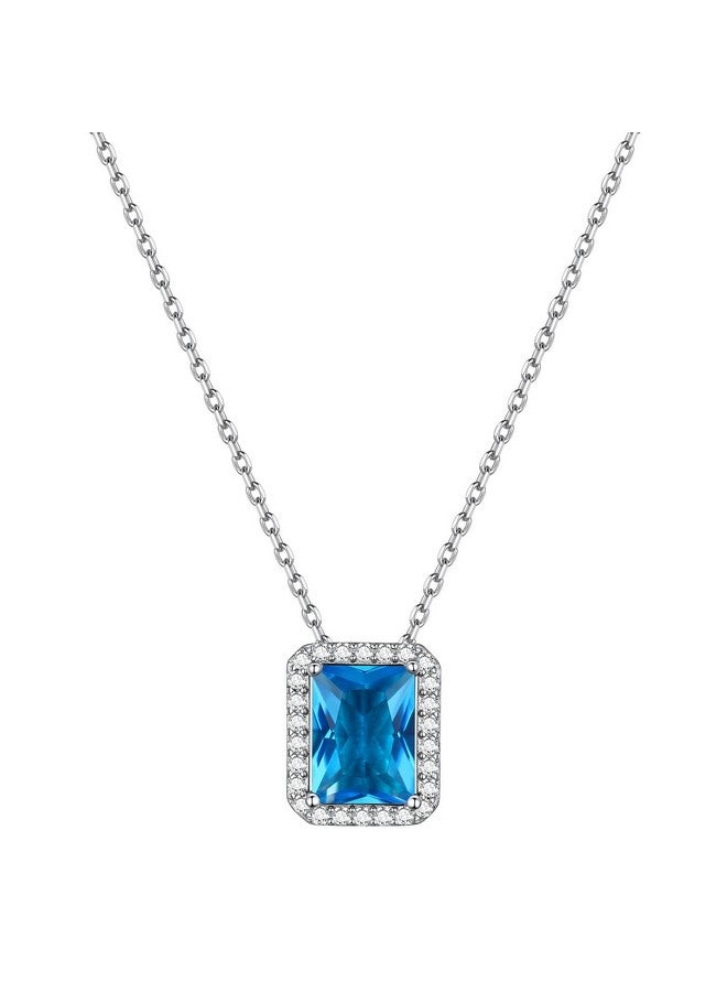 ChicSilver December Birthstone Necklace For Women 925 Sterling Silver Dainty Solitaire Cubic Zirconia Cz Halo Pendant Emerald Cut Simulated Blue Topaz Necklace Birthday Jewelry Gift - Image 1