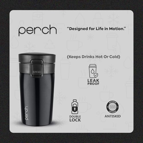 Perch Froste Insulated Travel Coffee Mug | 300ml Stainless Steel Thermal Cup | Hot & Cold Spill Proof Tumbler with Leak Proof Lid | Portable Mug for Office, Men & Women – Black - Image 3