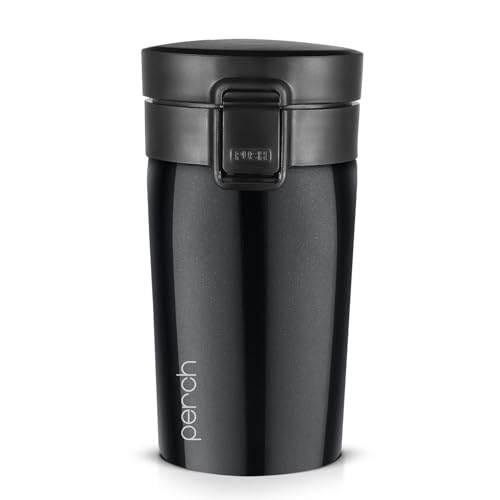 Perch Froste Insulated Travel Coffee Mug | 300ml Stainless Steel Thermal Cup | Hot & Cold Spill Proof Tumbler with Leak Proof Lid | Portable Mug for Office, Men & Women – Black - Image 1
