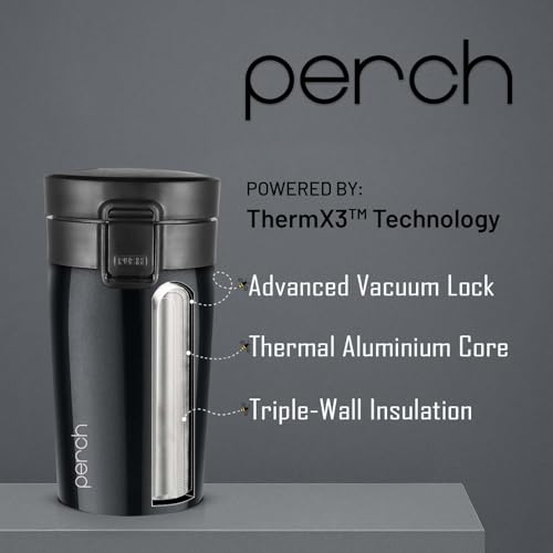 Perch Froste Insulated Travel Coffee Mug | 300ml Stainless Steel Thermal Cup | Hot & Cold Spill Proof Tumbler with Leak Proof Lid | Portable Mug for Office, Men & Women – Black - Image 2