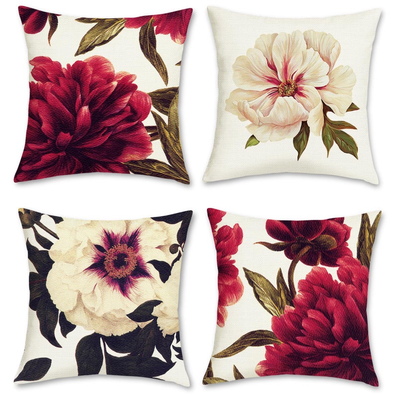 Bonhause Spring Floral Throw Pillow Covers 18x18 Inch Red Peony Burgundy Flower Outdoor Decorative Pillow Cases Polyester Linen Cushion Covers for Sofa Couch Bedroom Home Decor Set of 4