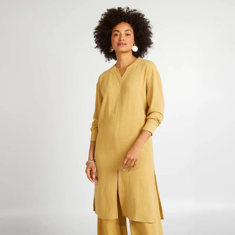 Kiabi Linen-Blend Dress With Slits Yellow