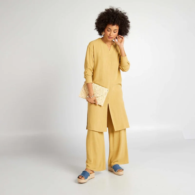 Kiabi Linen-Blend Dress With Slits Yellow