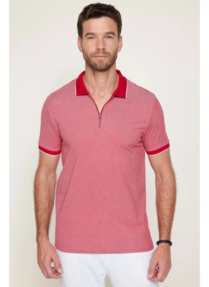 Tudors Men's Slim Fit Narrow Cut Cotton Zippered Claret Red Polo Collar T-Shirt