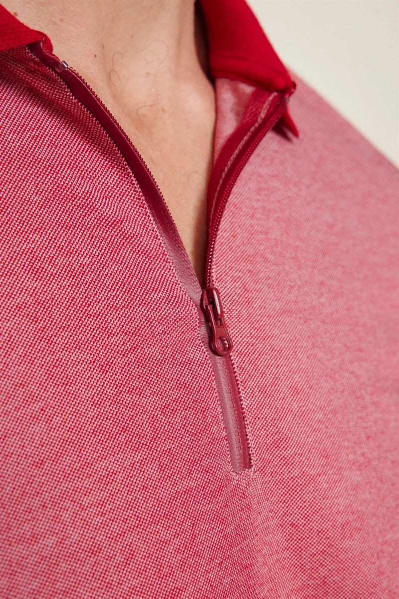 تودورس Men's Slim Fit Narrow Cut Cotton Zippered Claret Red Polo Collar T-Shirt
