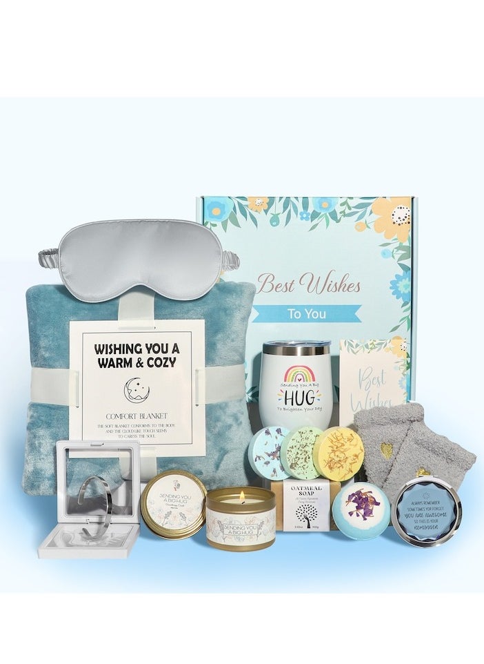 XiuWoo Set of 14 Christmas Gifts for Women, Gift for Mom, Anniversary Gifts, Spa Gift Set, Self-Care for Women with Luxury Flannel Blanket, Gifts for Women, Mom, Best Friends, Wife, Sister, Blue  - Image 1