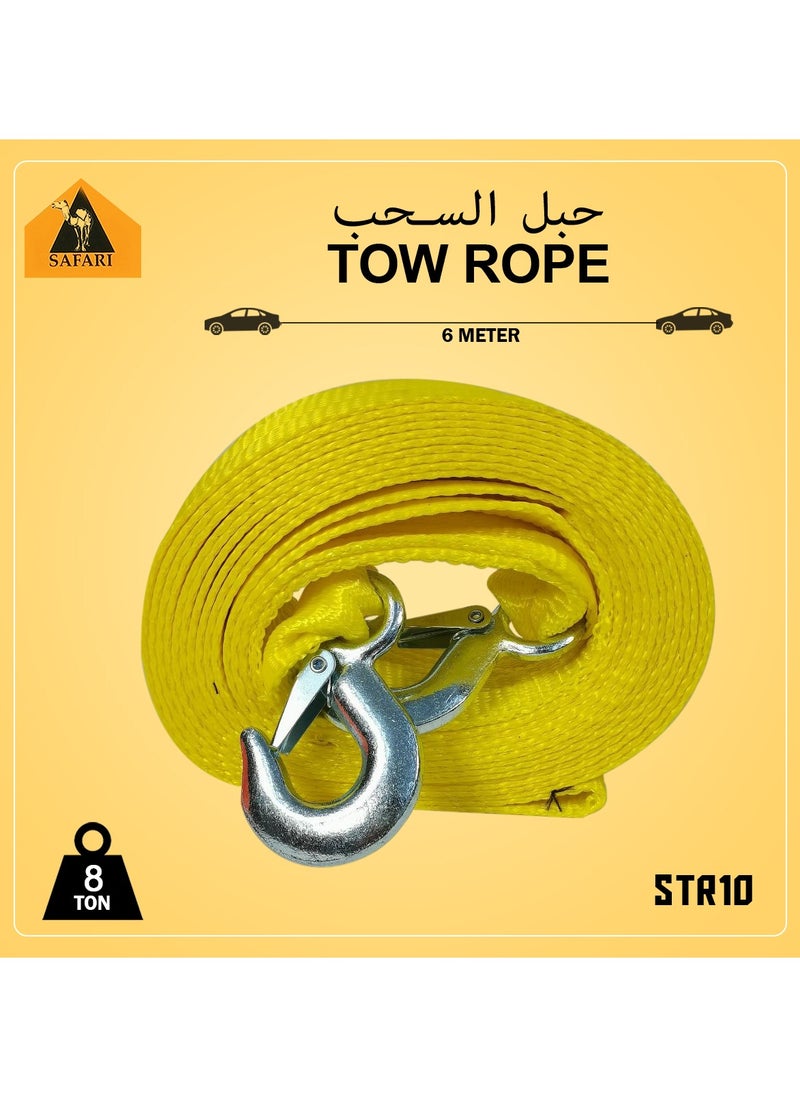 SAFARI 8 Ton 6 Meter Tow Rope Car Breakdown Towing Rope Heavy Duty With Two Hooks STR10