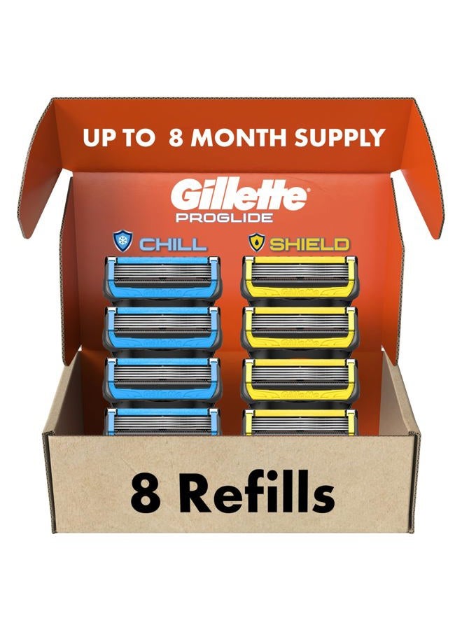 Gillette Mens Razor Blade Refills, 4 ProGlide Chill Cartridges, 4 ProGlide Shield Cartridges, Shields against Skin Irritation, Cools to sooth skin, 8 Count (Pack of 1) - Image 1
