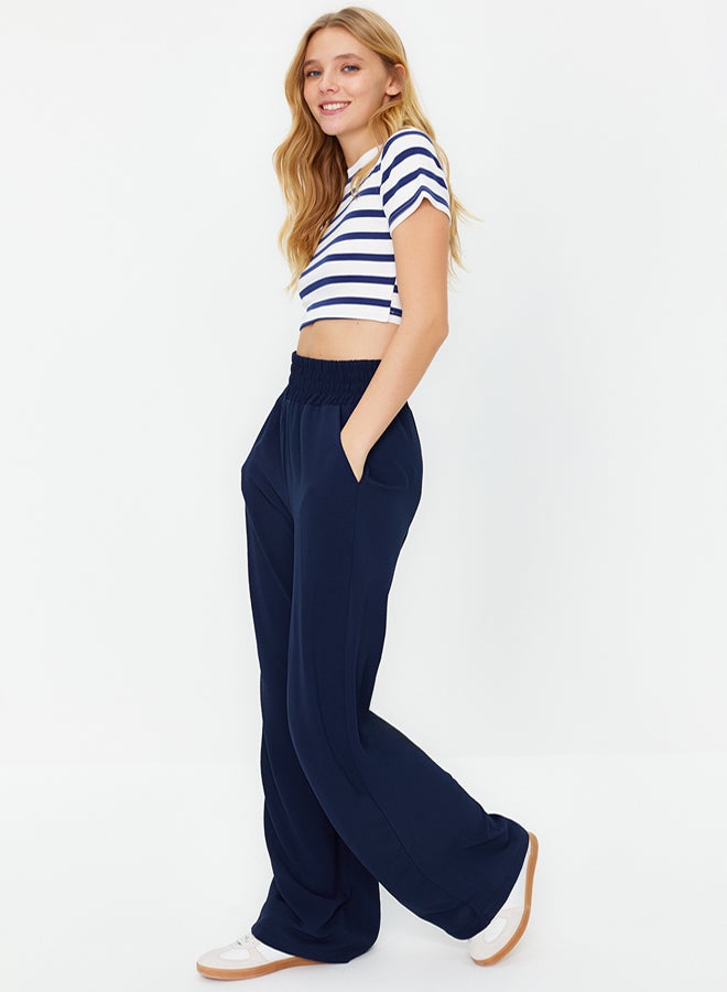 trendyol Navy Blue Wide Leg Trousers with Elastic Waist - Image 2