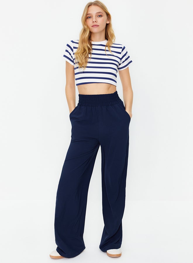 trendyol Navy Blue Wide Leg Trousers with Elastic Waist - Image 3