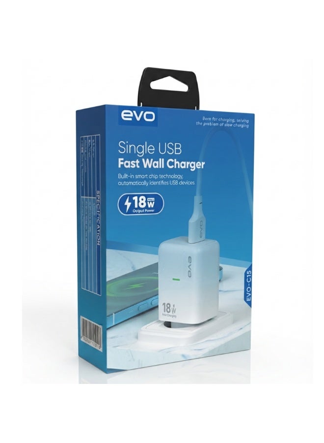 EVO-C13 18W Fast Wall Charger with USB-A Quick Charging Port, Single USB Power Adapter, Smart Chip Technology Charging Block, Compact Portable Phone Charger for Android Smartphones, Tablets, Earbuds, Power Banks and USB Devices - Image 3