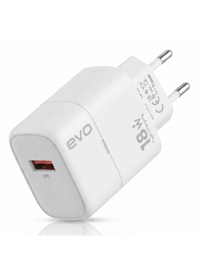 EVO-C13 18W Fast Wall Charger with USB-A Quick Charging Port, Single USB Power Adapter, Smart Chip Technology Charging Block, Compact Portable Phone Charger for Android Smartphones, Tablets, Earbuds, Power Banks and USB Devices - Image 1