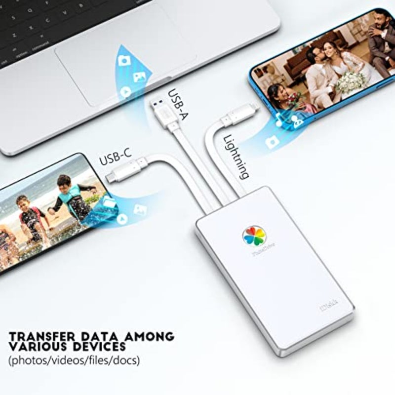 محرك الأقراص الصلبة الخارجي لأجهزة iPhone 16/15 وأجهزة iPad/Mac/USB-C المحمولة/الكمبيوتر الشخصي: وحدة تخزين محمولة معتمدة من MFi سعة 2 تيرابايت مع كابلات USB 3.0/Type-C/Lightning مدمجة، وغطاء من الألومنيوم الأسود، ونسخ احتياطي سريع للصور/مقاطع الفيديو - Image 2