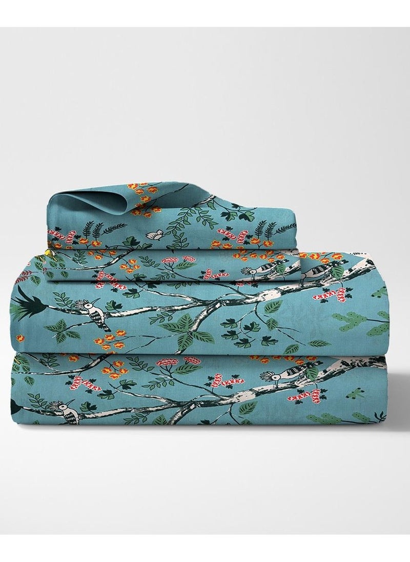 Linen Thread Flat Bedsheet Set Turquoise Green - High Quality 100% Cotton 144 TC Light Weight - Everyday Use 1 Bed Sheet And 2 Pillow Cases Printed Sizes Single Queen King  - Image 1