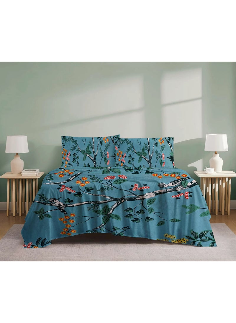 Linen Thread Flat Bedsheet Set Turquoise Green - High Quality 100% Cotton 144 TC Light Weight - Everyday Use 1 Bed Sheet And 2 Pillow Cases Printed Sizes Single Queen King  - Image 2