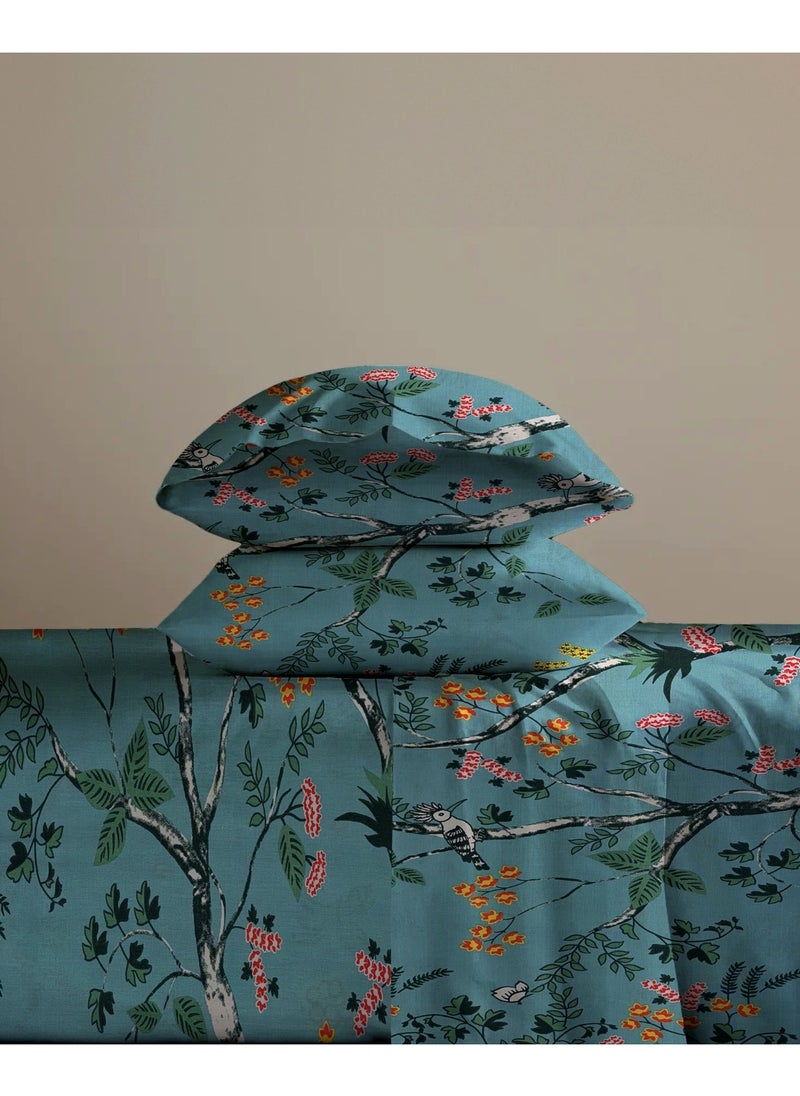 Linen Thread Flat Bedsheet Set Turquoise Green - High Quality 100% Cotton 144 TC Light Weight - Everyday Use 1 Bed Sheet And 2 Pillow Cases Printed Sizes Single Queen King  - Image 3