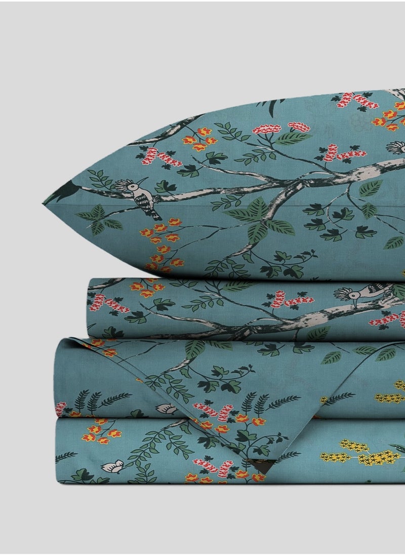 Linen Thread Flat Bedsheet Set Turquoise Green - High Quality 100% Cotton 144 TC Light Weight - Everyday Use 1 Bed Sheet And 2 Pillow Cases Printed Sizes Single Queen King  - Image 4