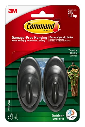 Command Outdoor Terrace Hooks, 2 Hooks and 4 Command Strips, Damage-Free Hanging Wall Hooks for Hanging Outdoor Wall Decor with Weather Resistant Strips, Holds up to 3 lb - Image 1