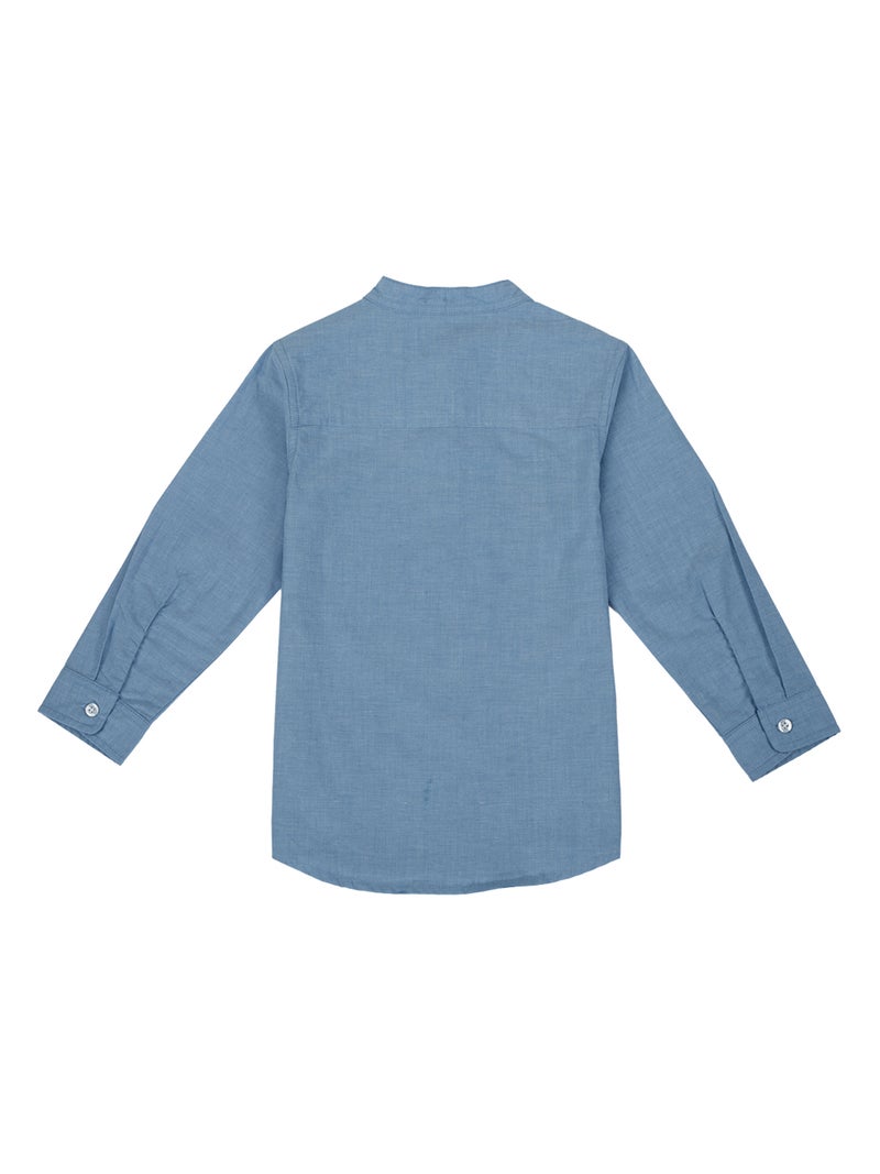 Pranava Organic Cotton Chambray Full Sleeves Embroidered Academy Junior Club Patch On The Chest Solid Casual Shirt - Blue - Image 3