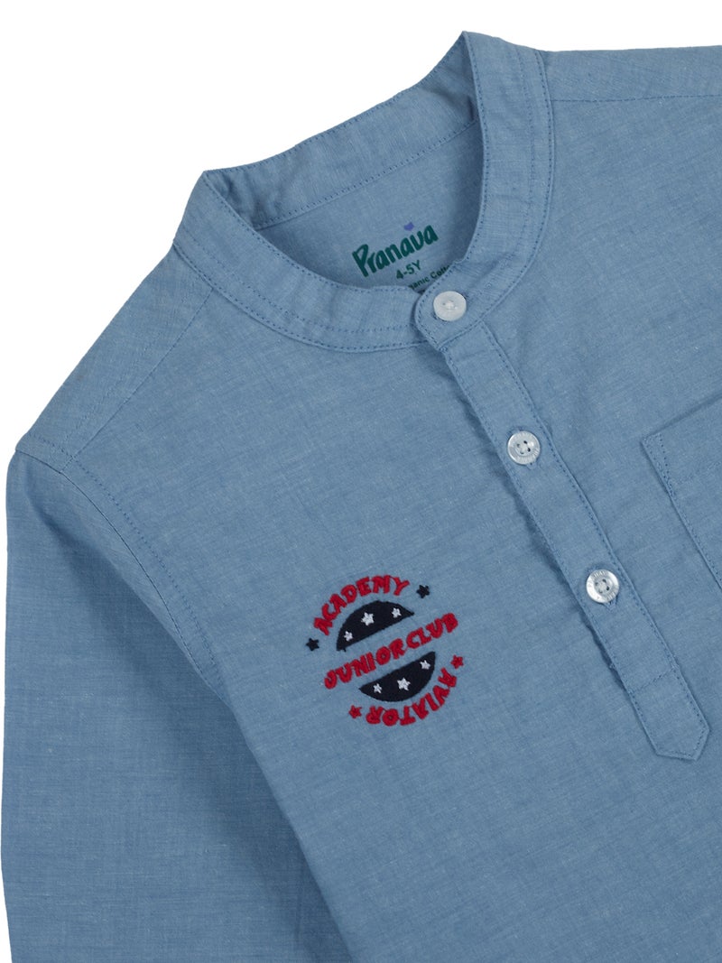 Pranava Organic Cotton Chambray Full Sleeves Embroidered Academy Junior Club Patch On The Chest Solid Casual Shirt - Blue - Image 4