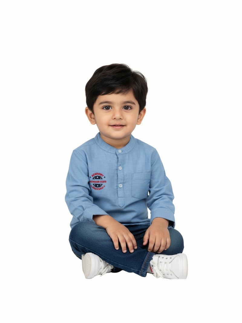 Pranava Organic Cotton Chambray Full Sleeves Embroidered Academy Junior Club Patch On The Chest Solid Casual Shirt - Blue - Image 1