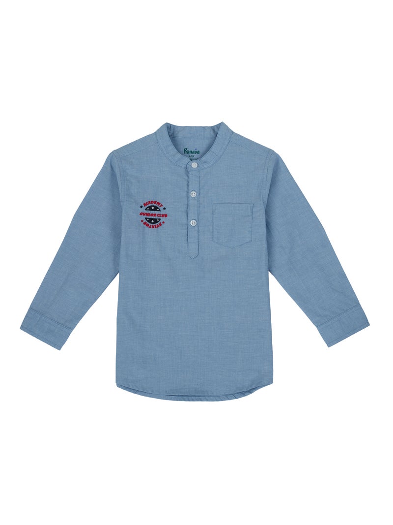 Pranava Organic Cotton Chambray Full Sleeves Embroidered Academy Junior Club Patch On The Chest Solid Casual Shirt - Blue - Image 2