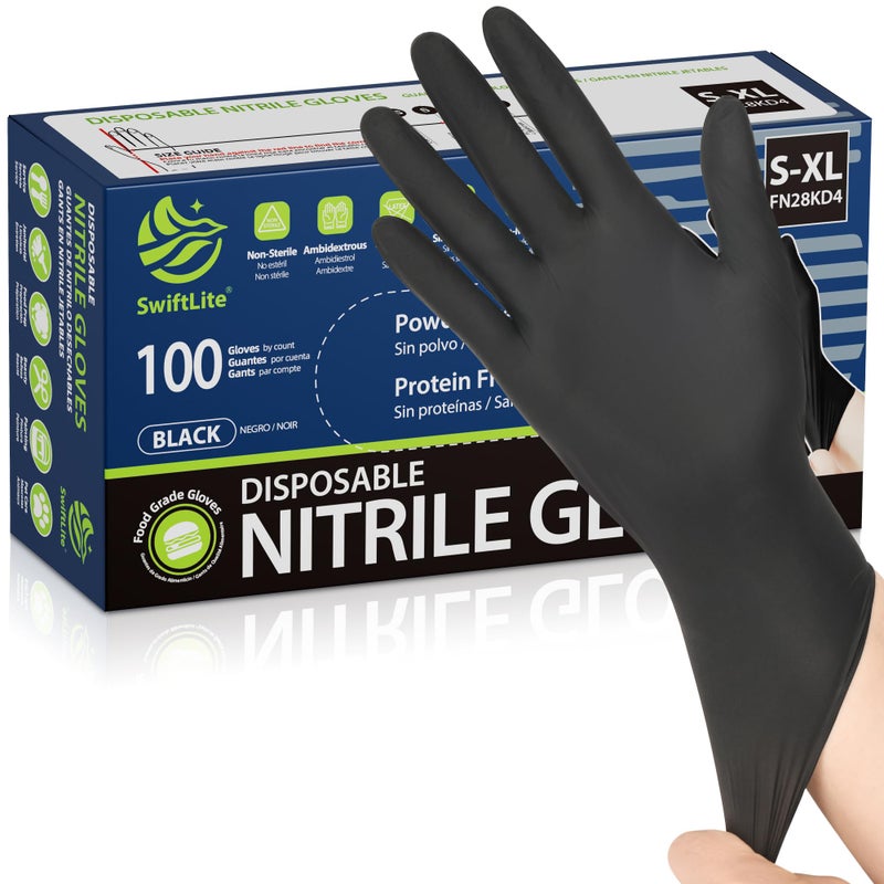 SWIFTLITE Black Nitrile Gloves, Food Safe Disposable Gloves Latex Free, Rubber Gloves Powder Free for Cooking, Kitchen Cleaning (100, Medium) - Image 1