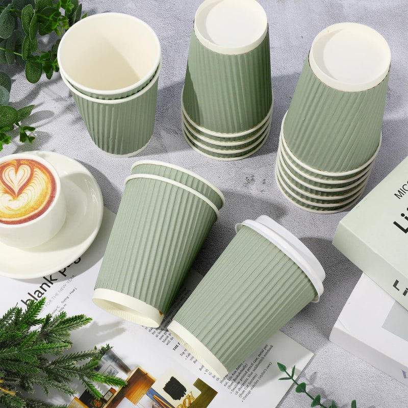 Whaline 100Pcs Sage Green Disposable Coffee Cups with Lids 12oz Solid Green Paper Cups Corrugated Ripple Wall Insulated Hot Cups for Home Office Party Supplies - Image 3