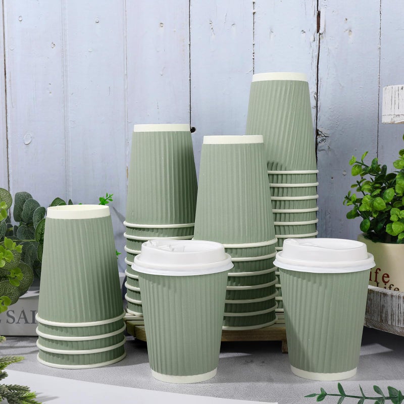 Whaline 100Pcs Sage Green Disposable Coffee Cups with Lids 12oz Solid Green Paper Cups Corrugated Ripple Wall Insulated Hot Cups for Home Office Party Supplies - Image 4
