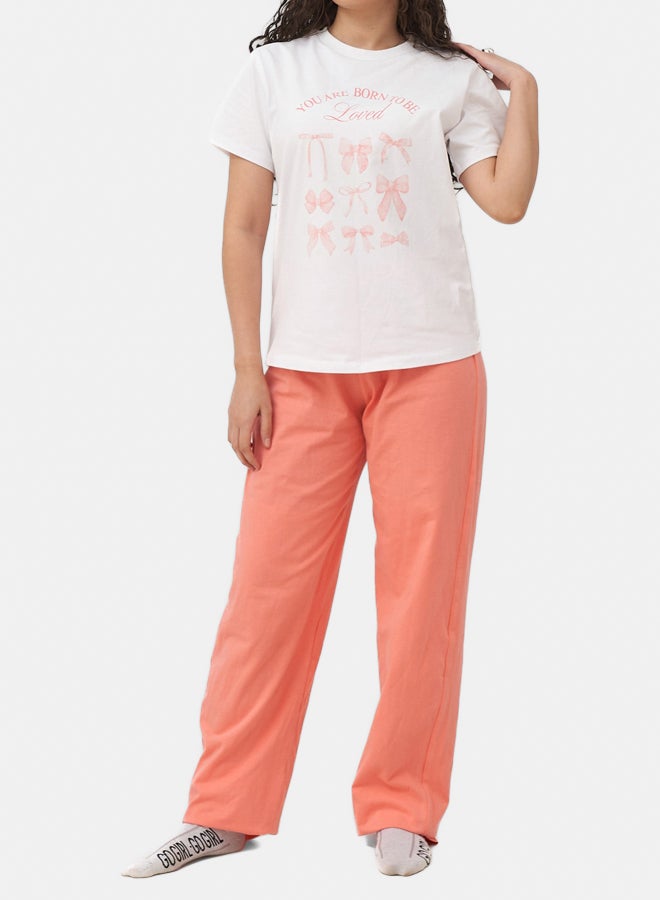LOVELY LAND Women Cream Pajamas with Bow Print (Mom Set) - Image 2
