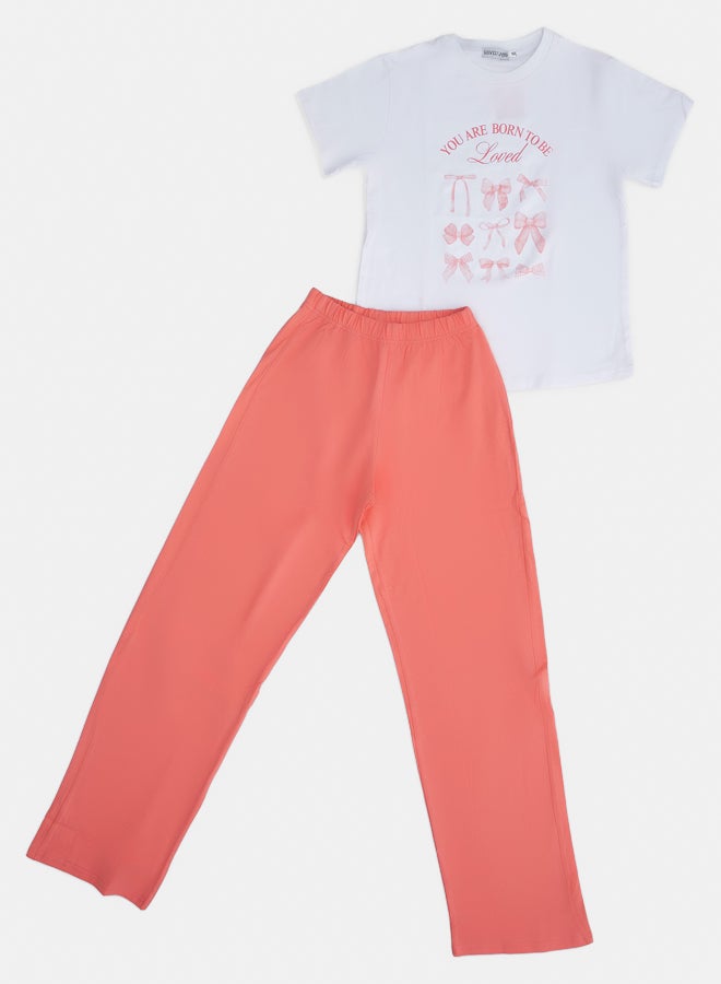LOVELY LAND Women Cream Pajamas with Bow Print (Mom Set) - Image 1