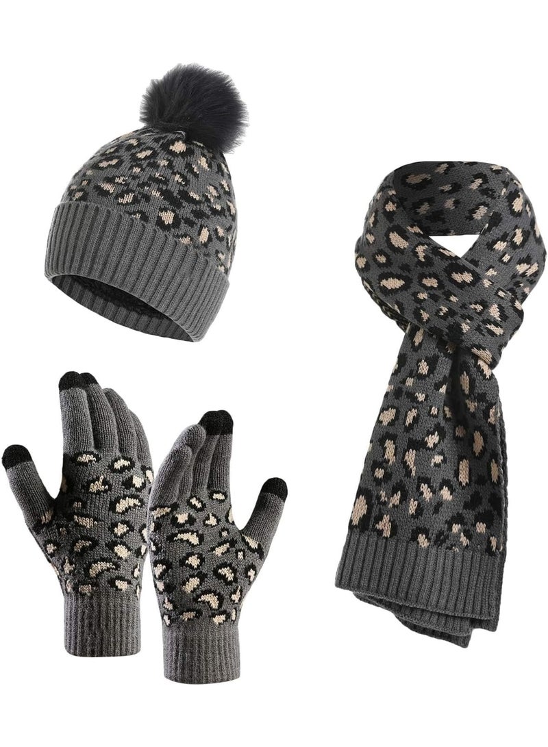 Zikra 3Pcs Winter Beanie Hat Scarf Gloves Set, Set for Men Womens Ski Cap Touch Screen Mittens Suit Couples Matching Hats for Men Women (Dark Grey) - Image 1