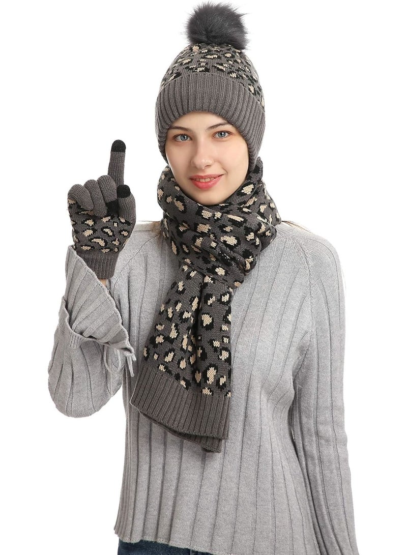 Zikra 3Pcs Winter Beanie Hat Scarf Gloves Set, Set for Men Womens Ski Cap Touch Screen Mittens Suit Couples Matching Hats for Men Women (Dark Grey) - Image 2