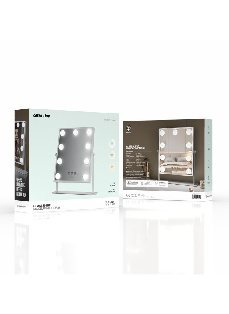 GREEN LION - Glam Shine Makeup Mirror 9 LED Lights / Warm & Cool & Natural Light Settings / 360° Rotation / Touch Control / High Definition Mirror / Adjustable Brightness Level / USB-A to Type-C Cable Connector - White - Image 1