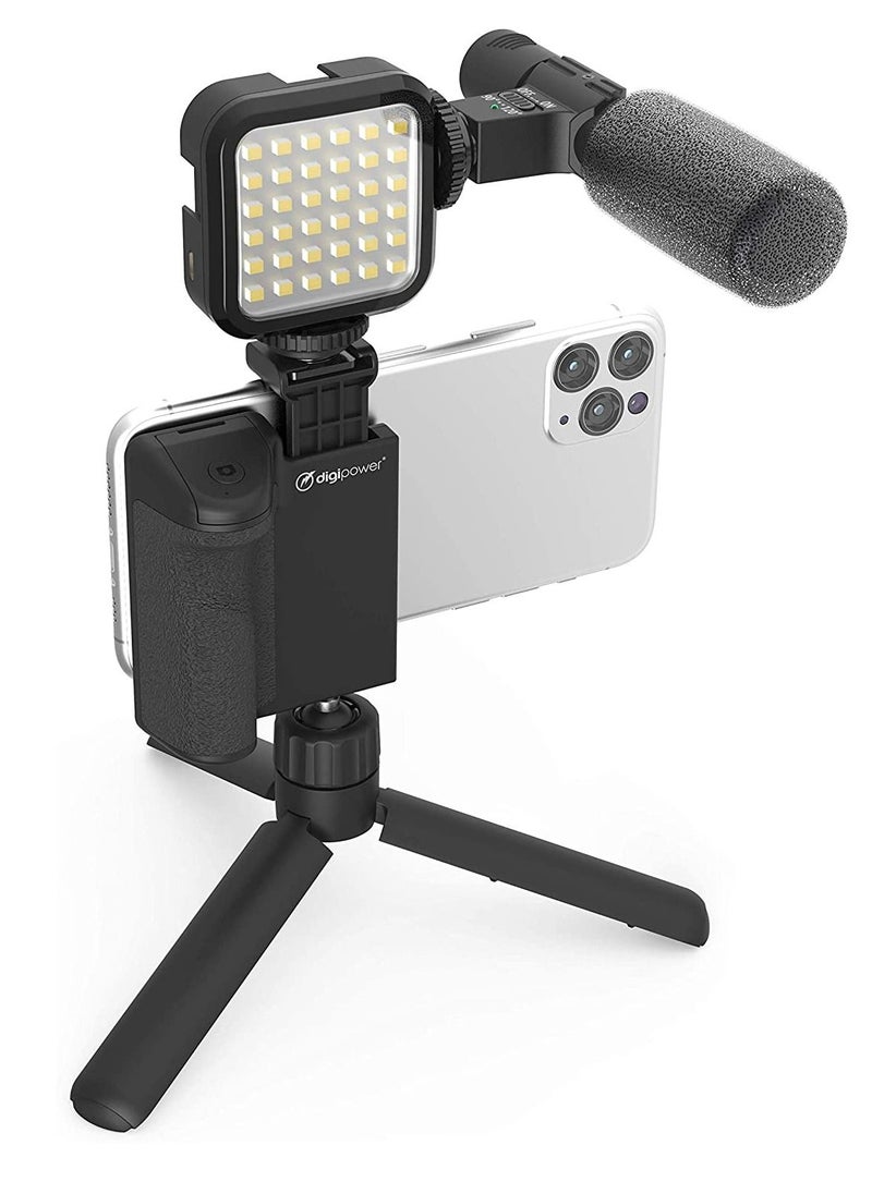Generic DigiPower Vlogging Follow Me Kit with LED Video Light + Microphone + Camera Grip with Mobile Phone Holder + Mini Tripod Compatible with Smartphones for TikTok, Youtube, Live Streaming and Meetings  - Image 2