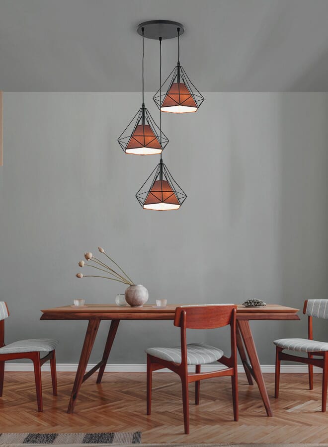 Best Power Modern Geometric Pendant Light 6145-3 – Industrial Black Metal Frame with Brown Shade, E27 Bulb Socket, Adjustable Hanging Length (75cm), Ideal for Living Room, Dining Room, and Kitchen  - Image 2