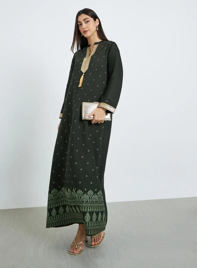 Women Green Embroidered Trim Printed Jalabiya