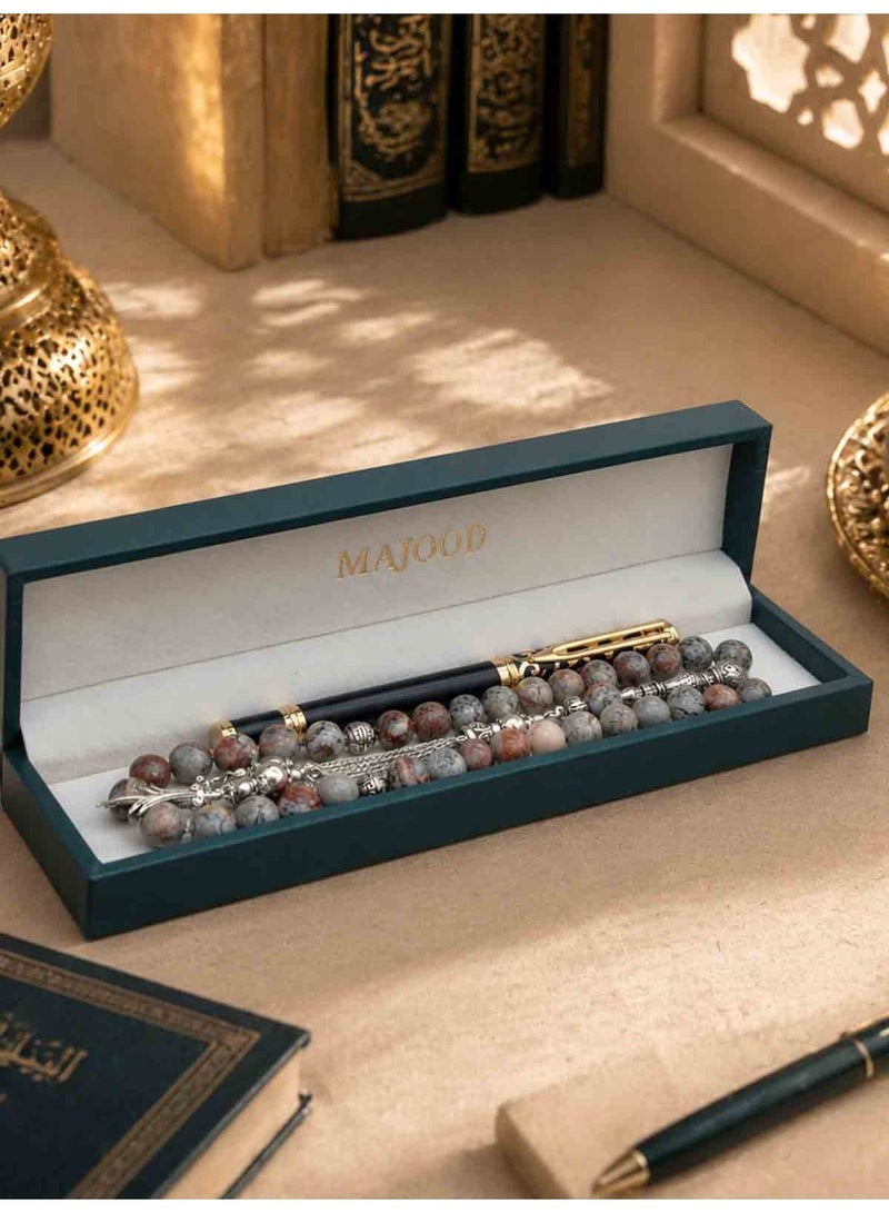 MAJOOD Premium Gift Set: 33 Beads Natural Stone Prayer Beads And a Replaceable Ink cartridge Black and Golden pen (Two-Piece Set) – Includes a Beautiful Gift Box, Ideal for Ramadan, Eid al-Fitr, and Daily Prayers. - Image 5