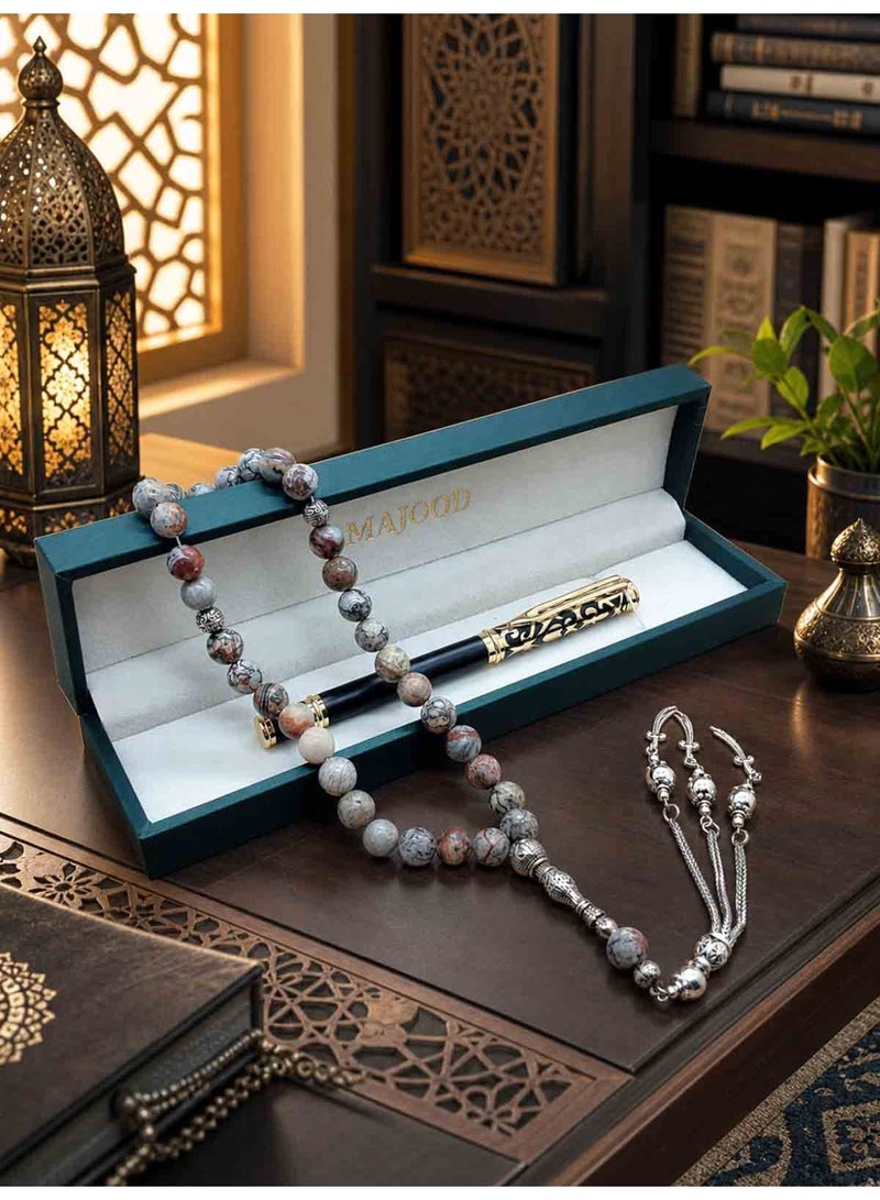 MAJOOD Premium Gift Set: 33 Beads Natural Stone Prayer Beads And a Replaceable Ink cartridge Black and Golden pen (Two-Piece Set) – Includes a Beautiful Gift Box, Ideal for Ramadan, Eid al-Fitr, and Daily Prayers. - Image 4