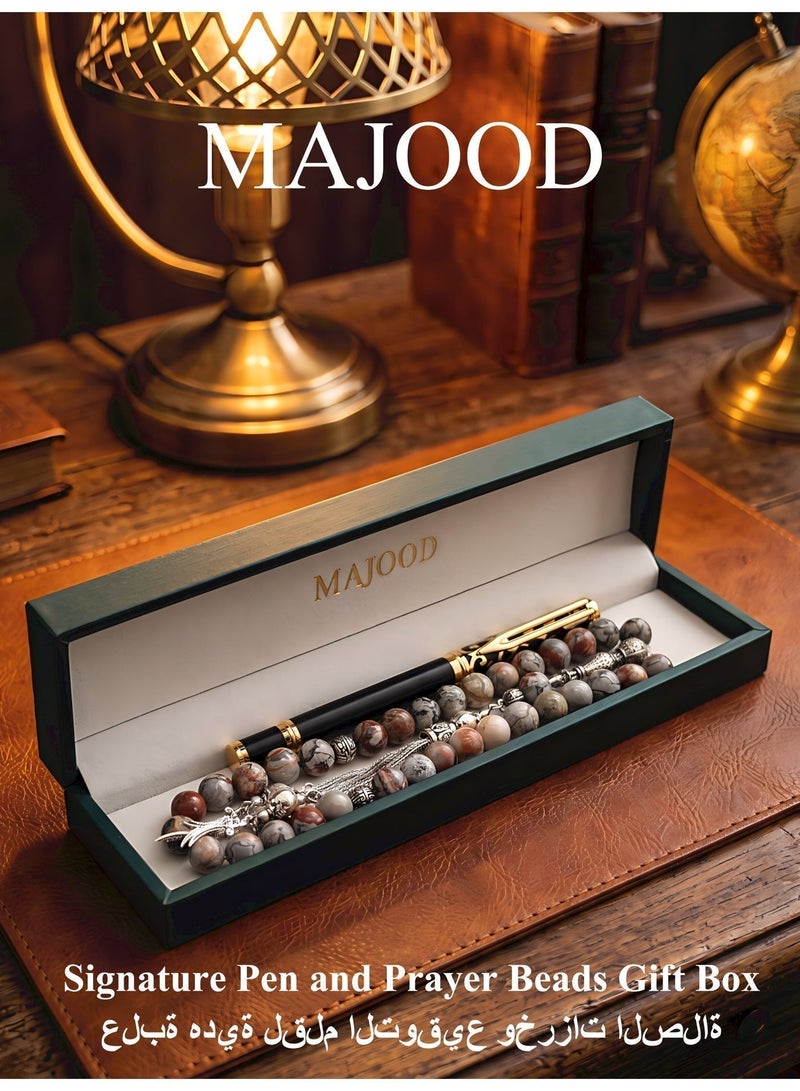 MAJOOD Premium Gift Set: 33 Beads Natural Stone Prayer Beads And a Replaceable Ink cartridge Black and Golden pen (Two-Piece Set) – Includes a Beautiful Gift Box, Ideal for Ramadan, Eid al-Fitr, and Daily Prayers. - Image 3